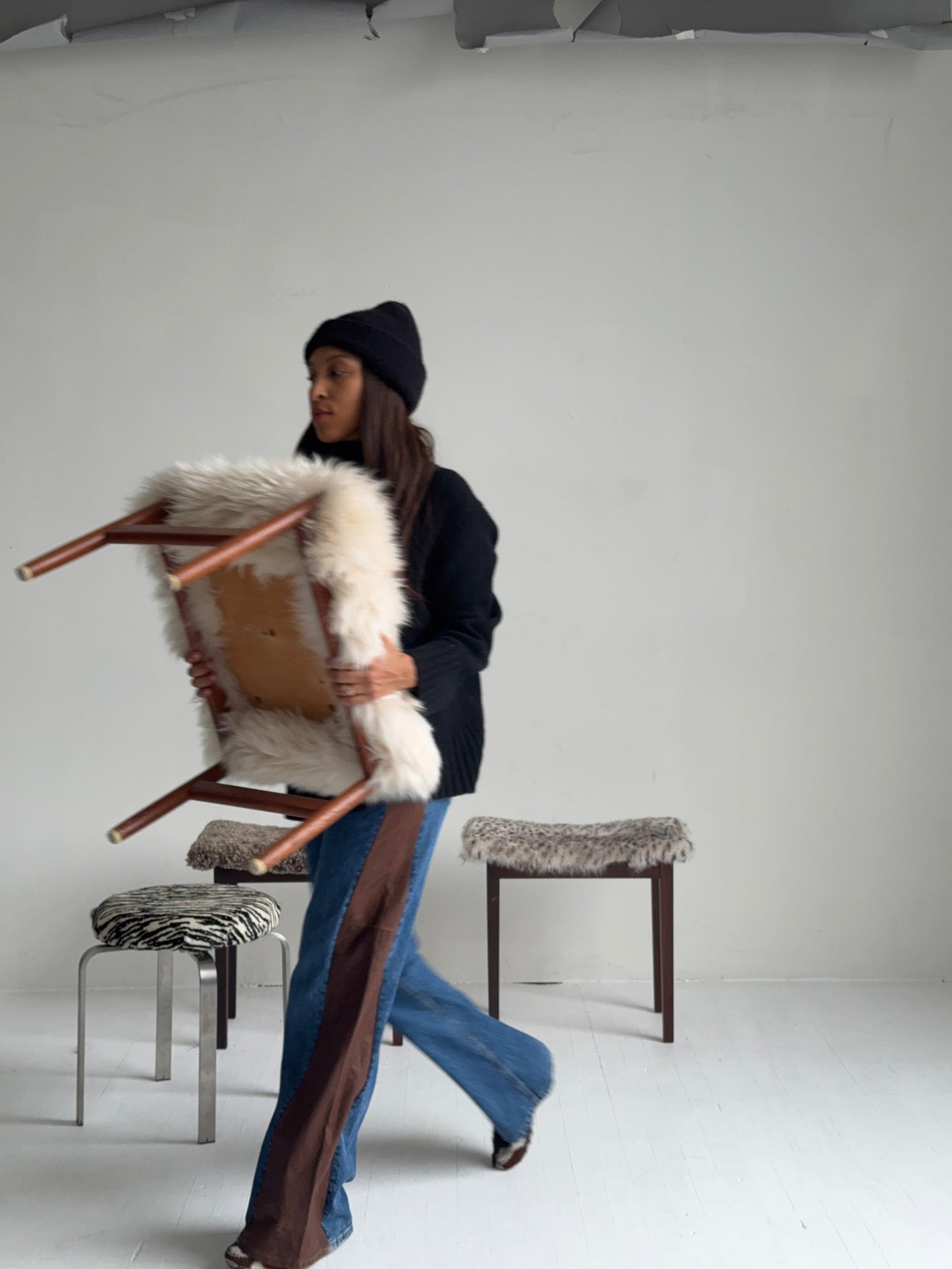 spottrup danish teak stool in custom shearling