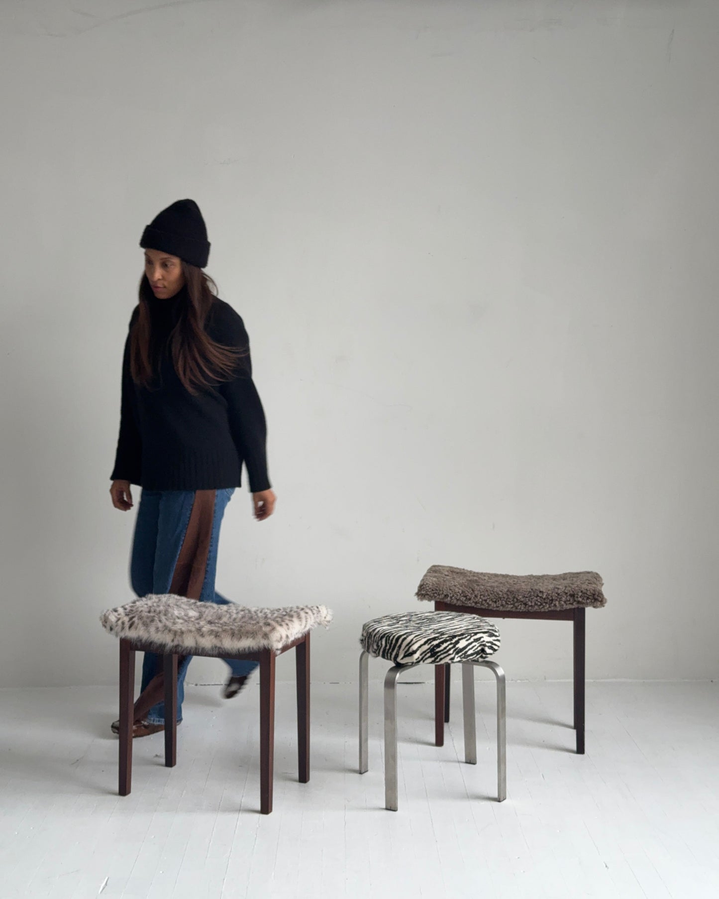 sculptural chrome pedestal stool in zebra calf hair