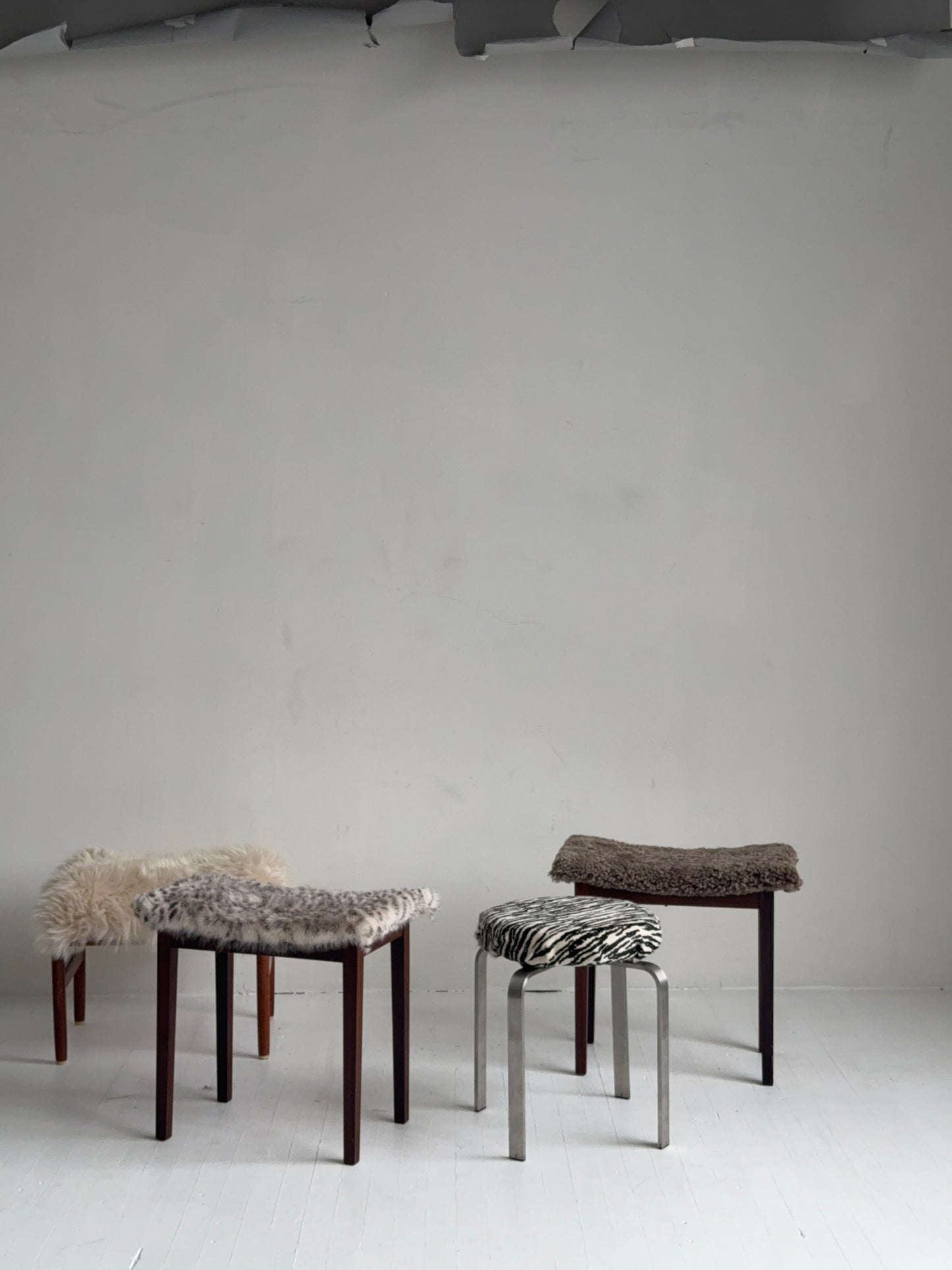 spottrup danish teak stool in custom shearling