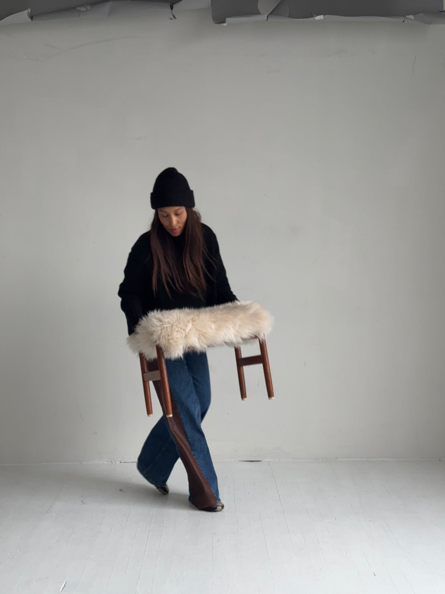 spottrup danish teak stool in custom shearling