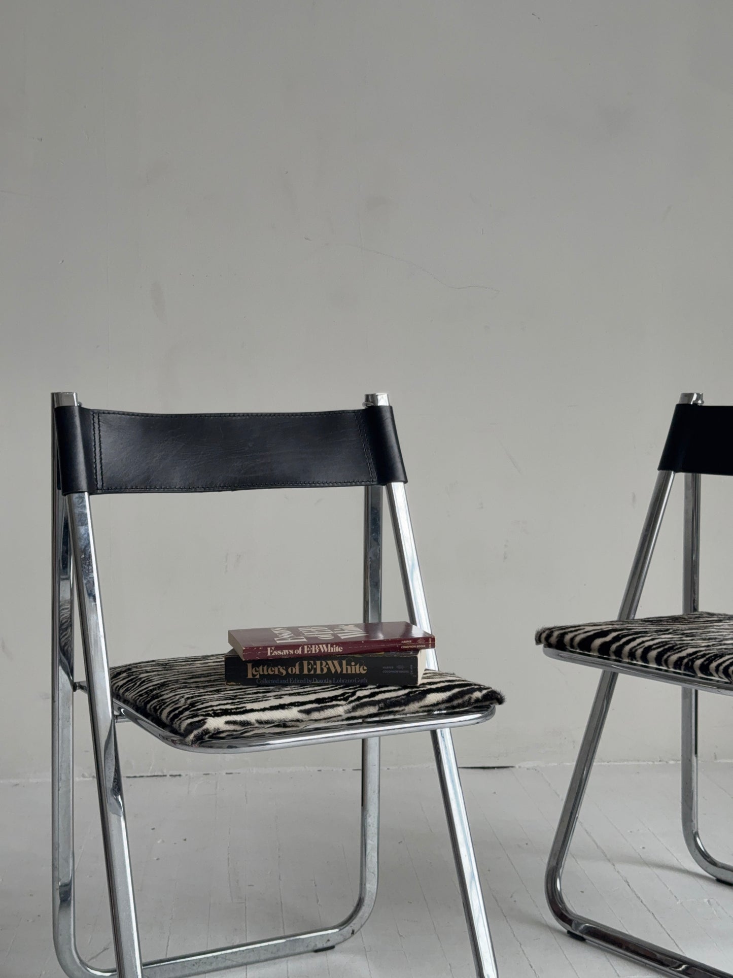pair of chrome folding chairs by arrben, 1970s in zebra calf hair