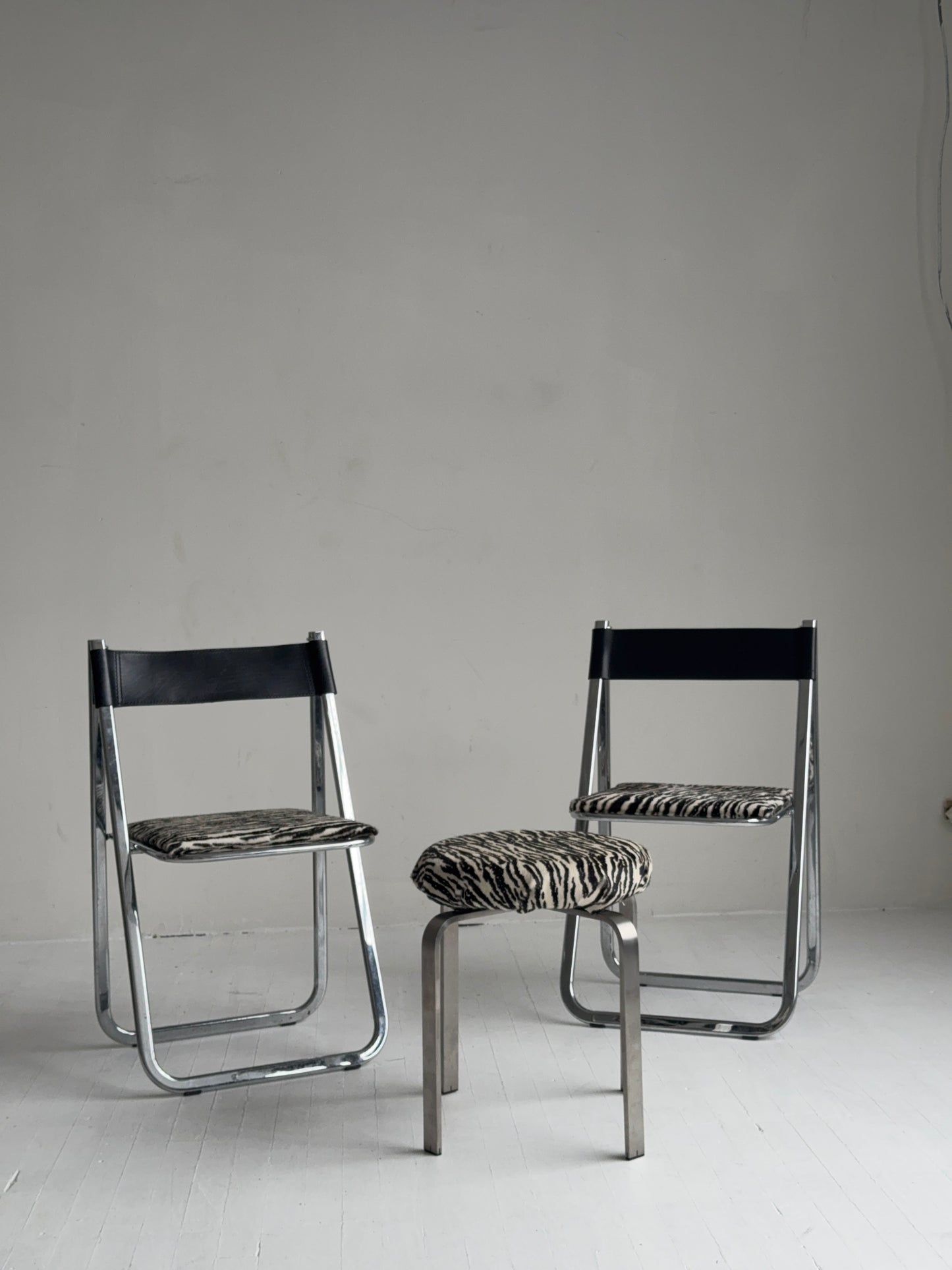 pair of chrome folding chairs by arrben, 1970s in zebra calf hair
