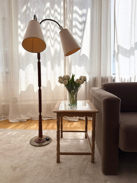 danish teak and brass dual-arm floor lamp, 1960s