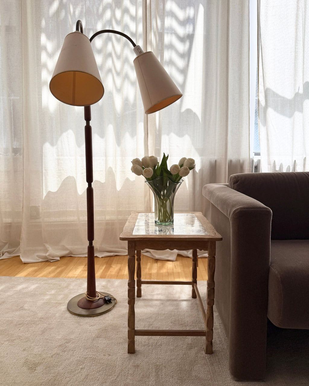 danish teak and brass dual-arm floor lamp, 1960s