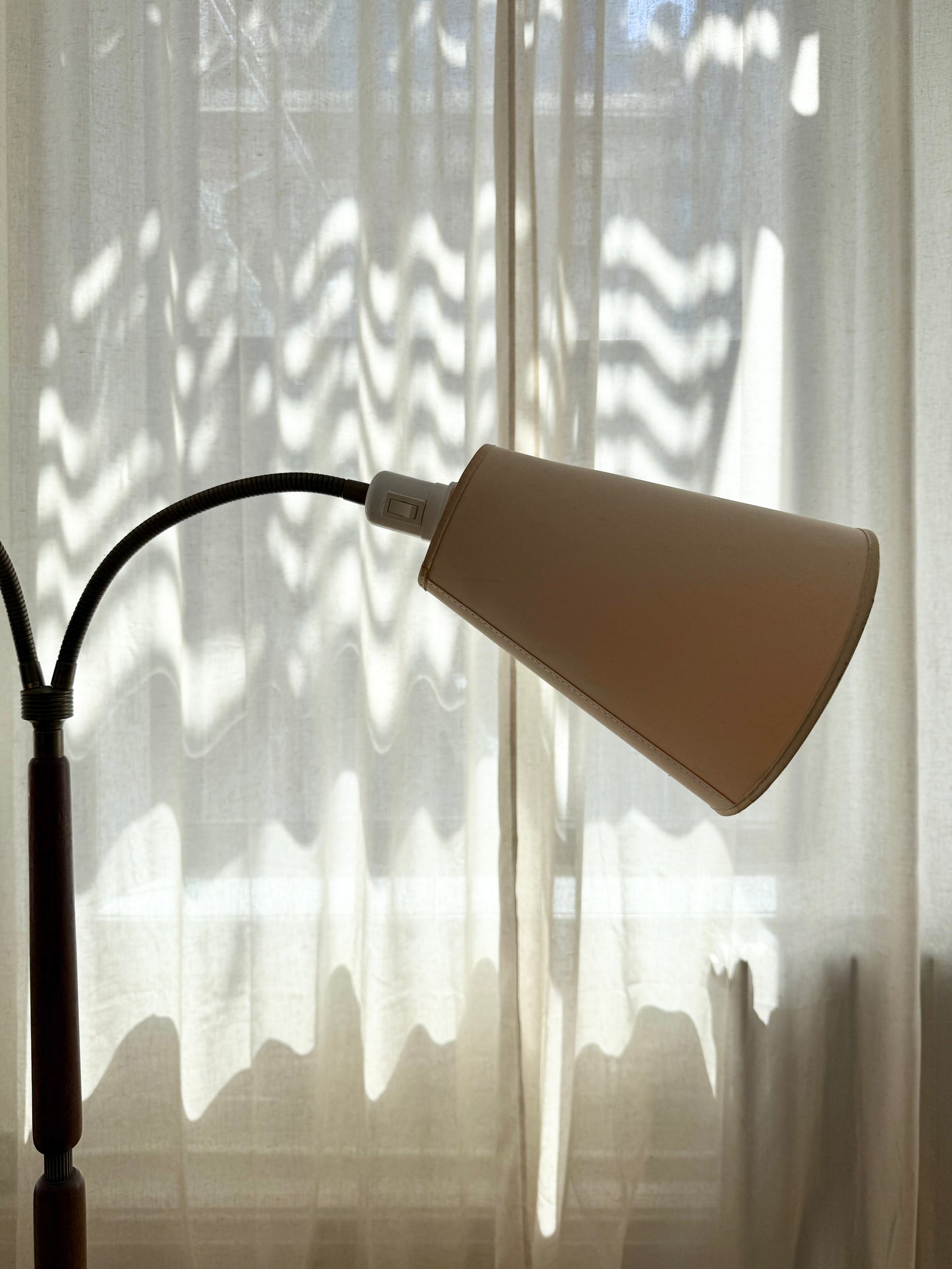 danish teak and brass dual-arm floor lamp, 1960s