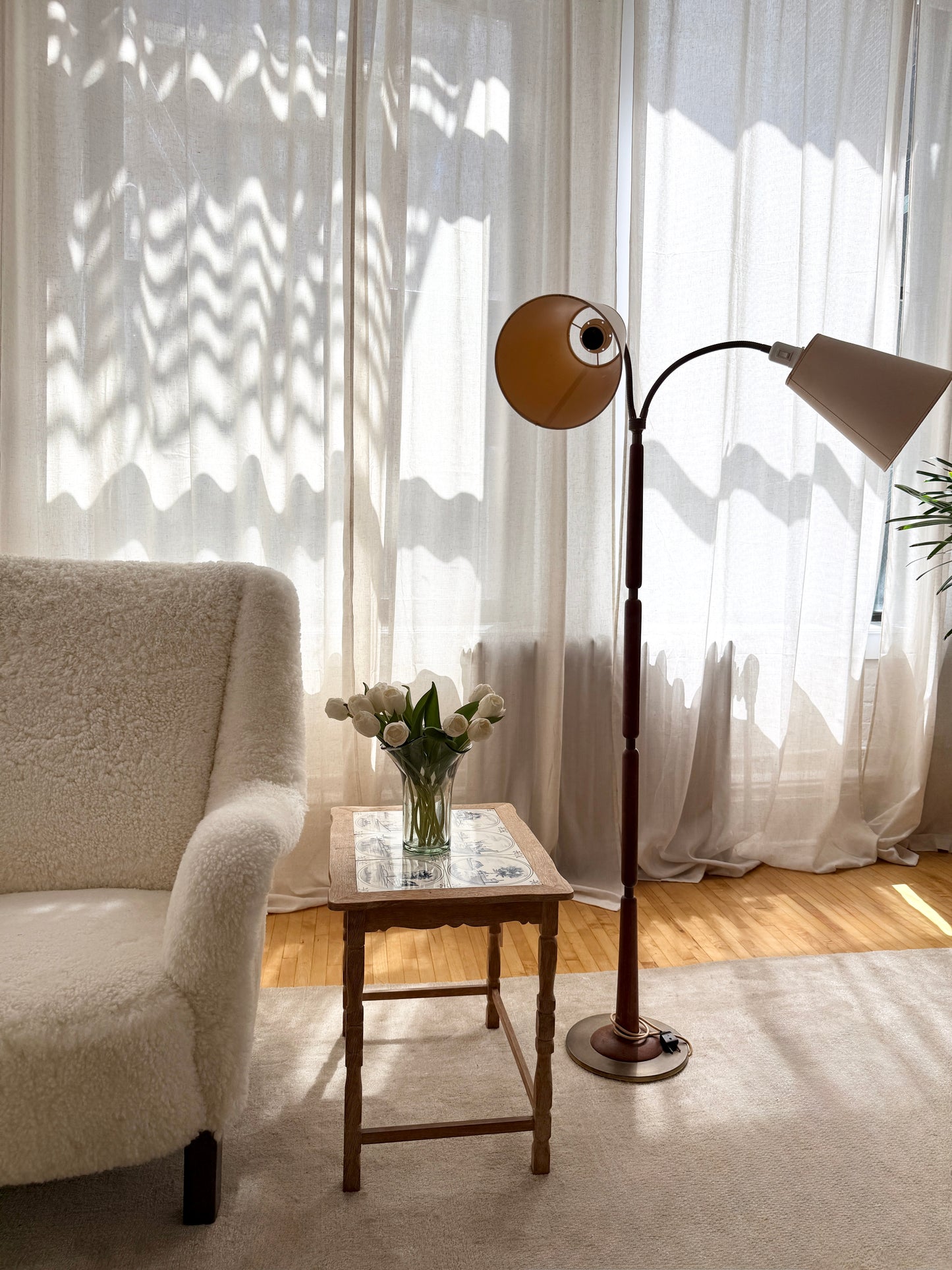 danish teak and brass dual-arm floor lamp, 1960s