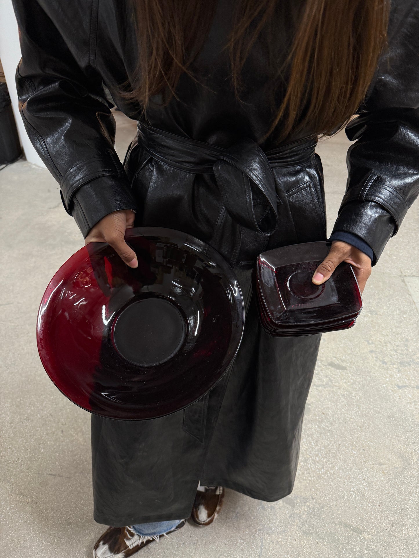 vintage hand-blown garnet glass bowl & plate set