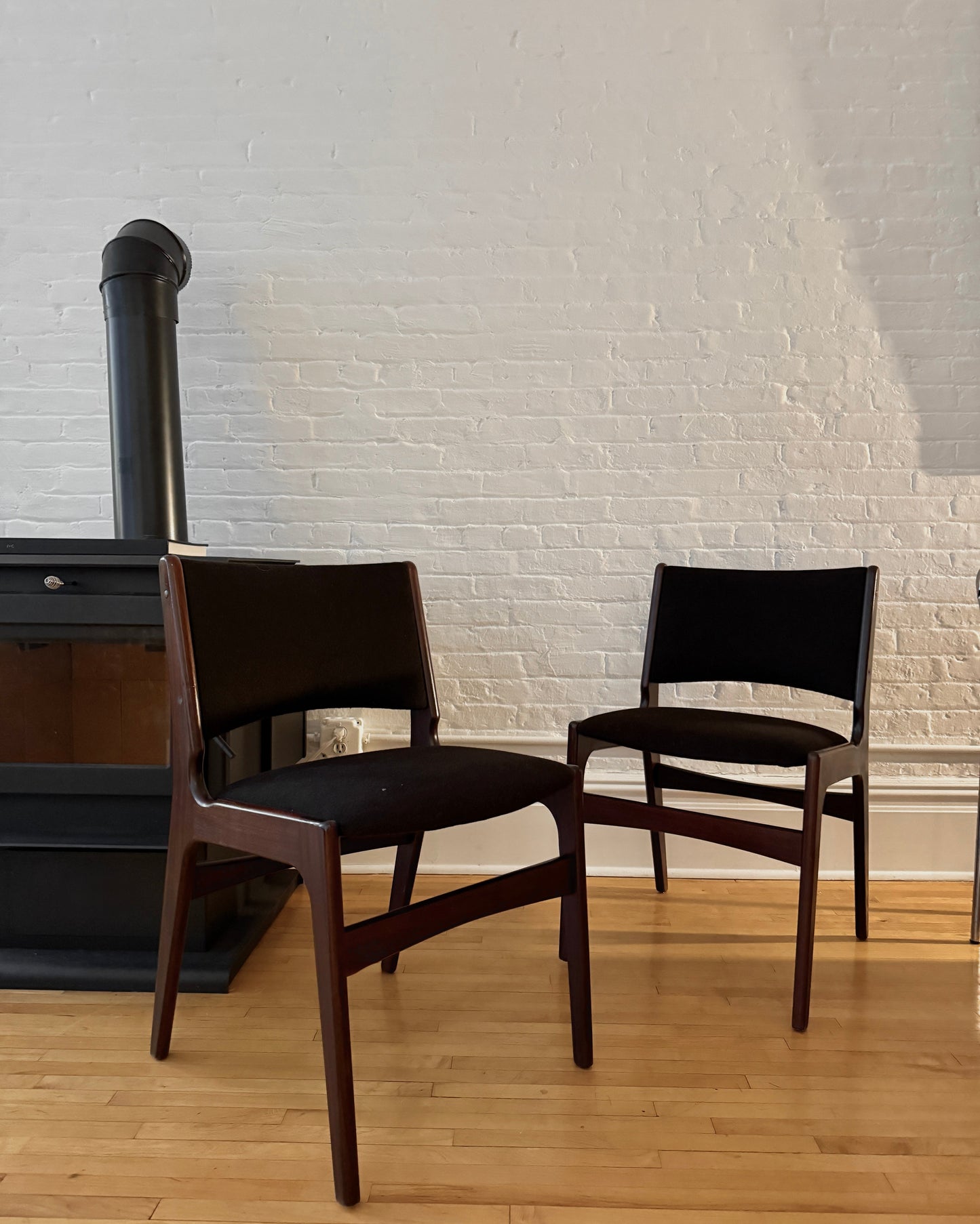 erik buch rosewood dining chairs in custom chocolate wool, pair