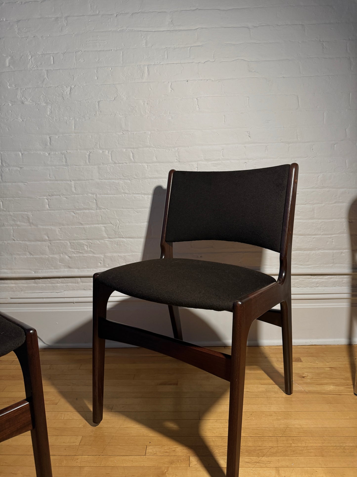 erik buch rosewood dining chairs in custom chocolate wool, pair