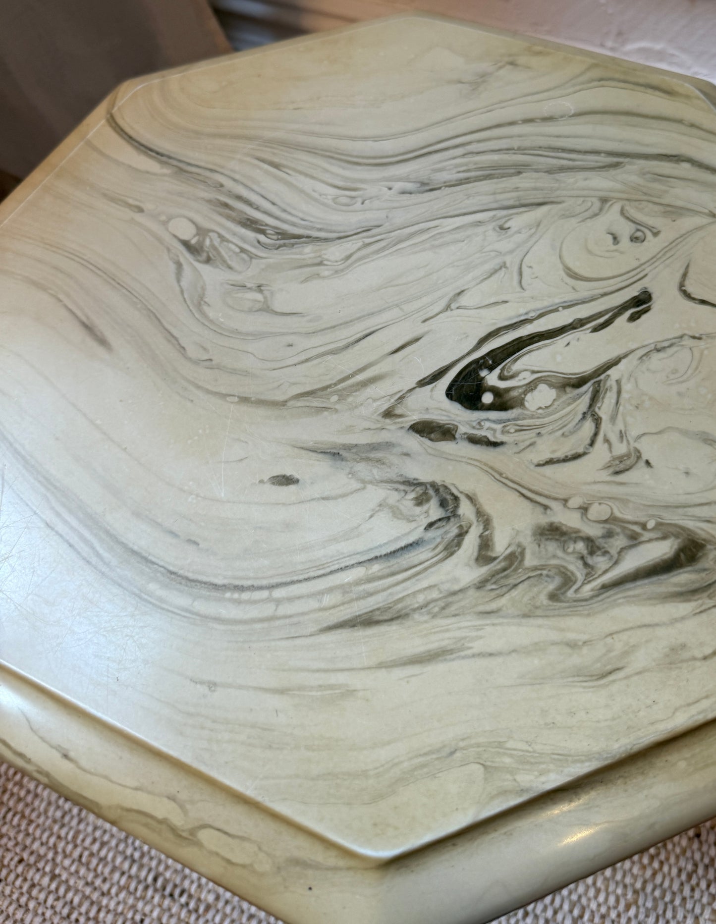 petite mid-century pedestal table with hexagonal stone to