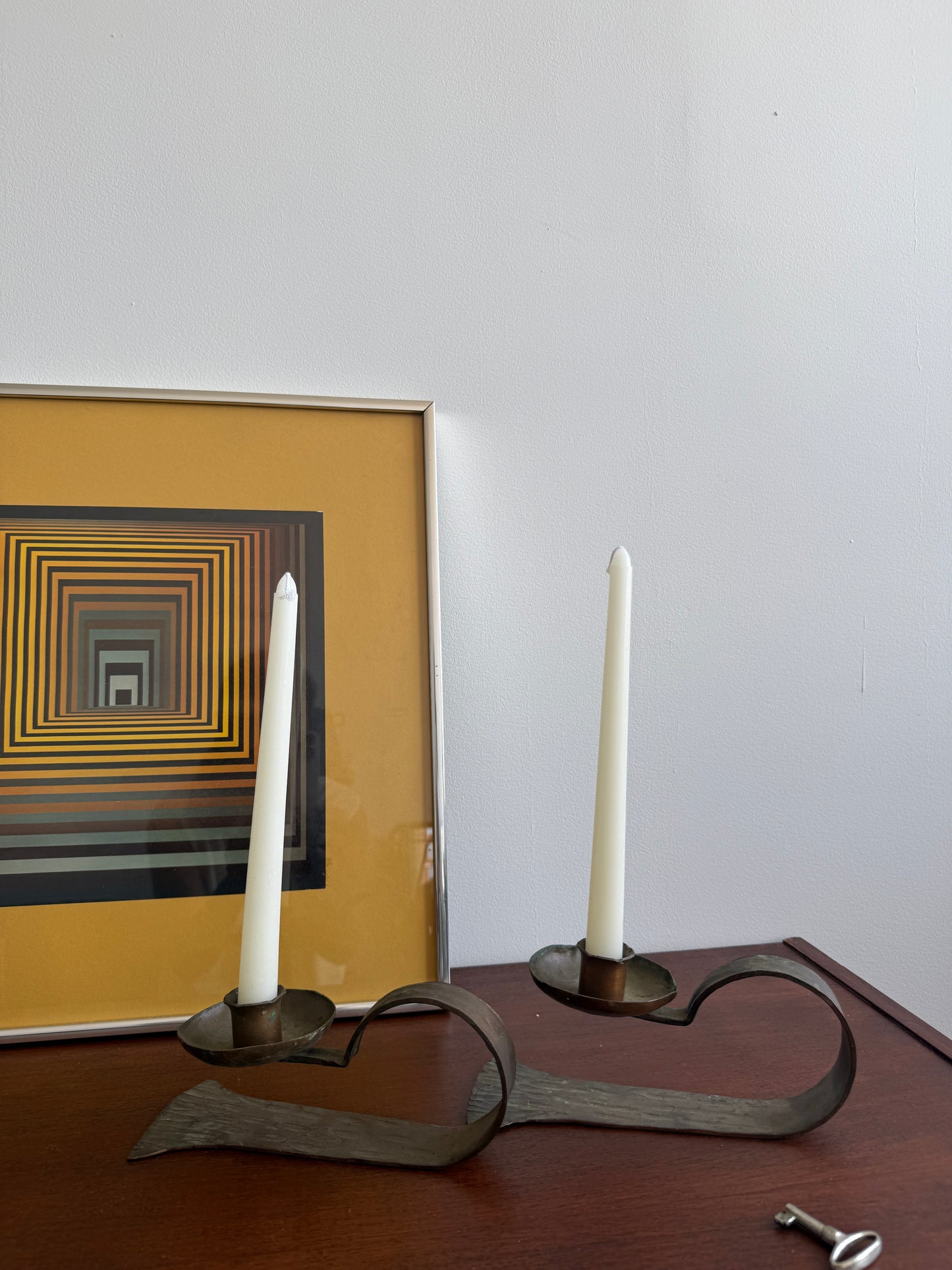 forged iron fish tail candleholders, c. 1950s