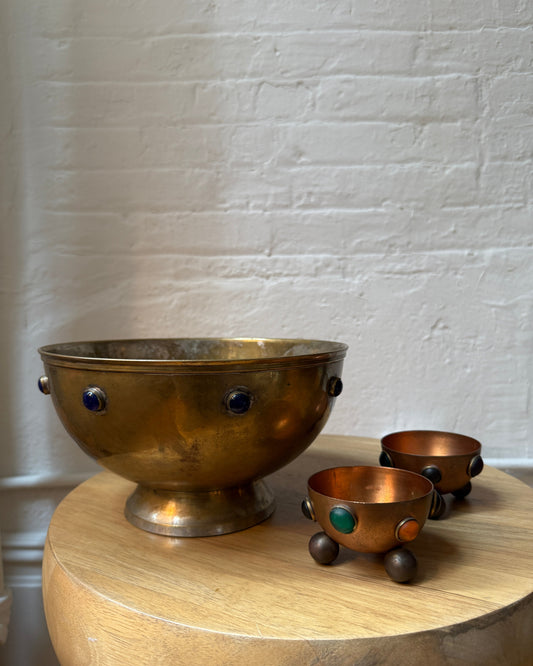 vintage arts & crafts copper bowls with cabochon details (set of three)