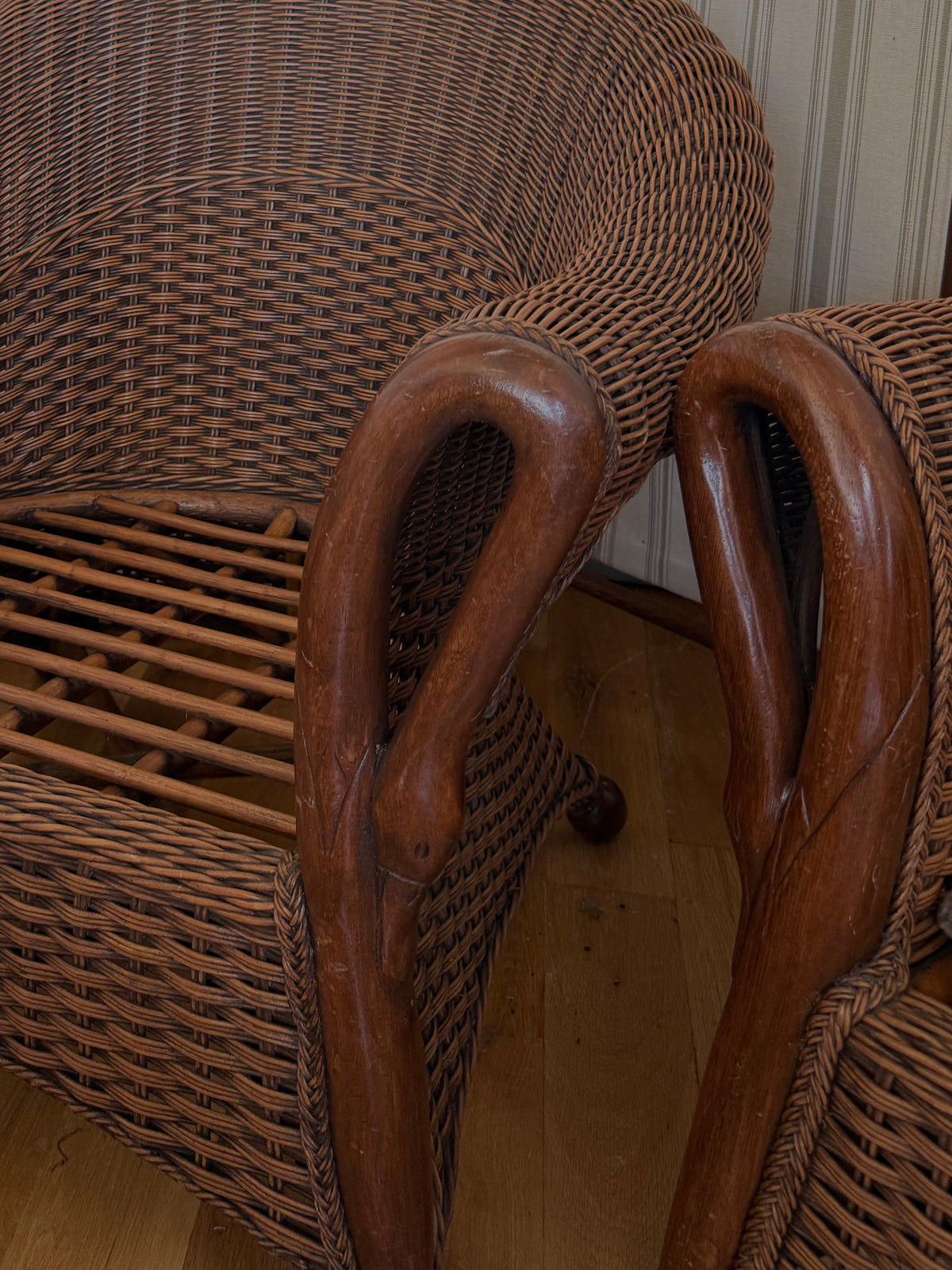 vintage woven rattan swan neck lounge chairs