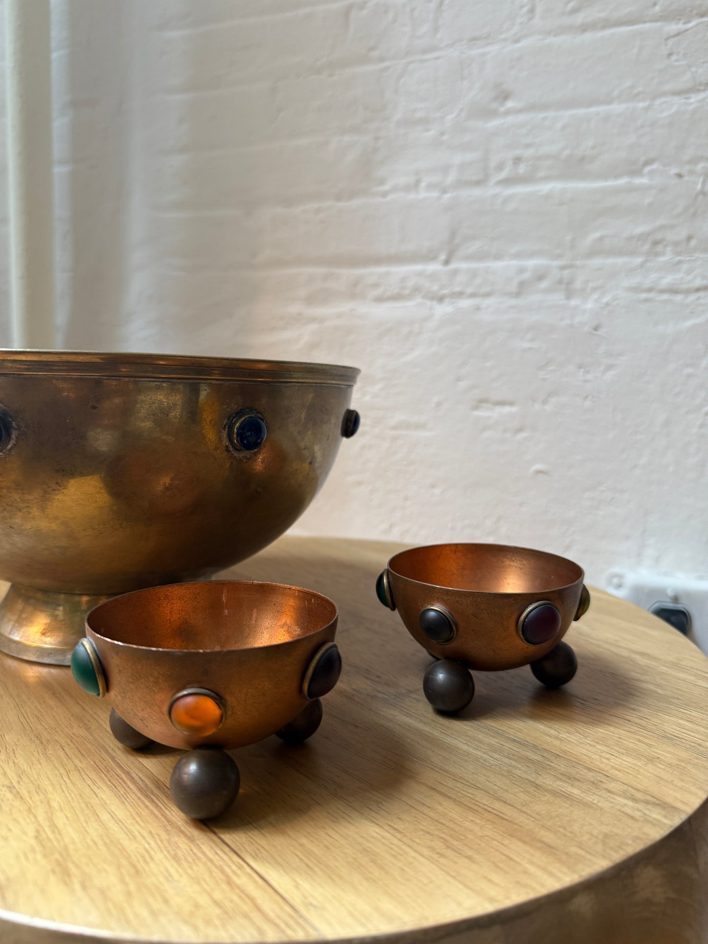 vintage arts & crafts copper bowls with cabochon details (set of three)