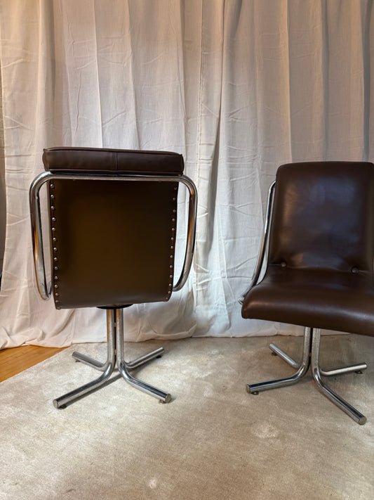 pair of vintage chrome & leather swivel chairs