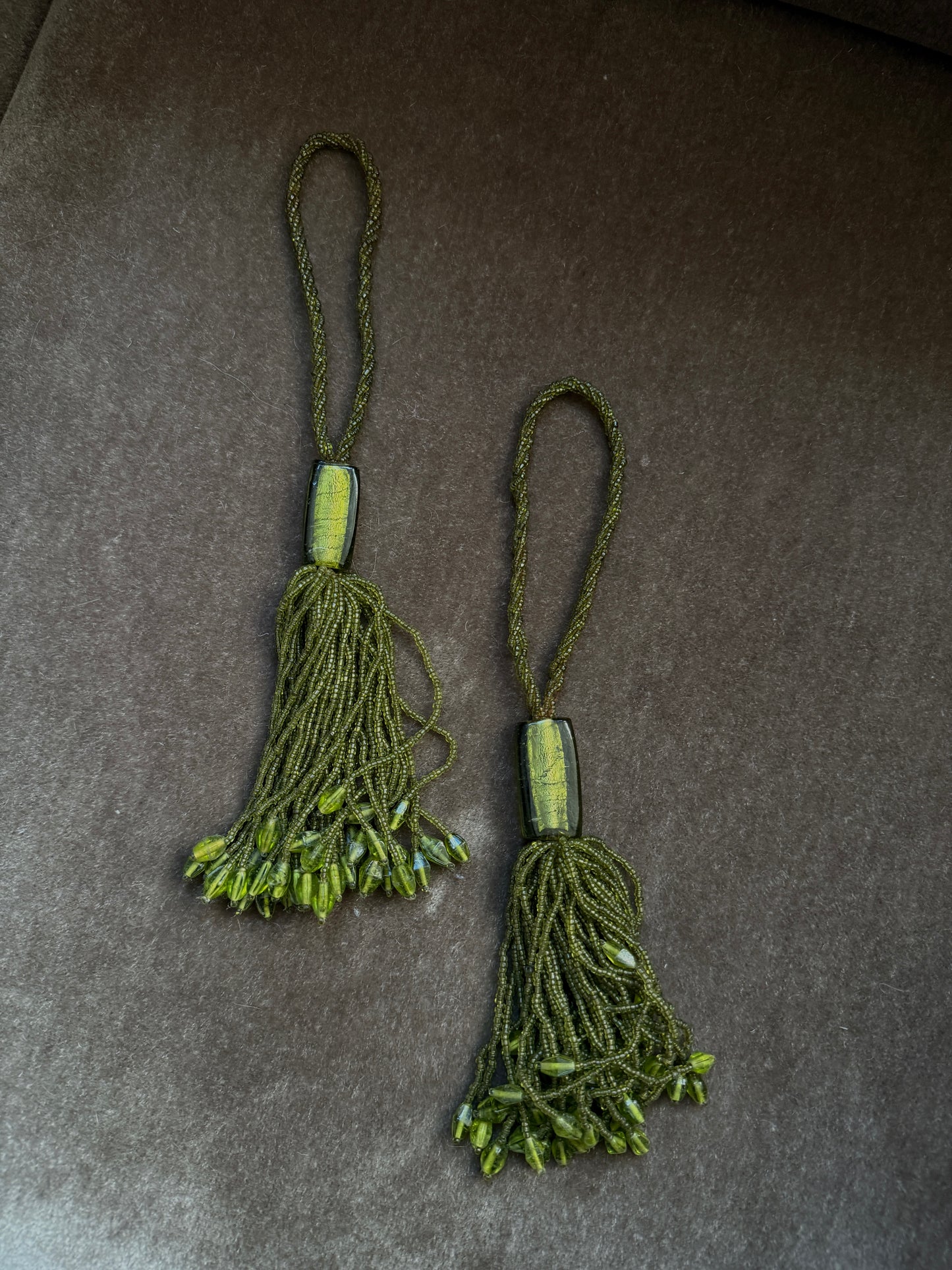 olive beaded tassel tiebacks - pair