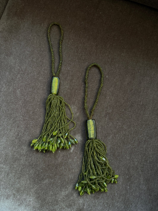 olive beaded tassel tiebacks - pair
