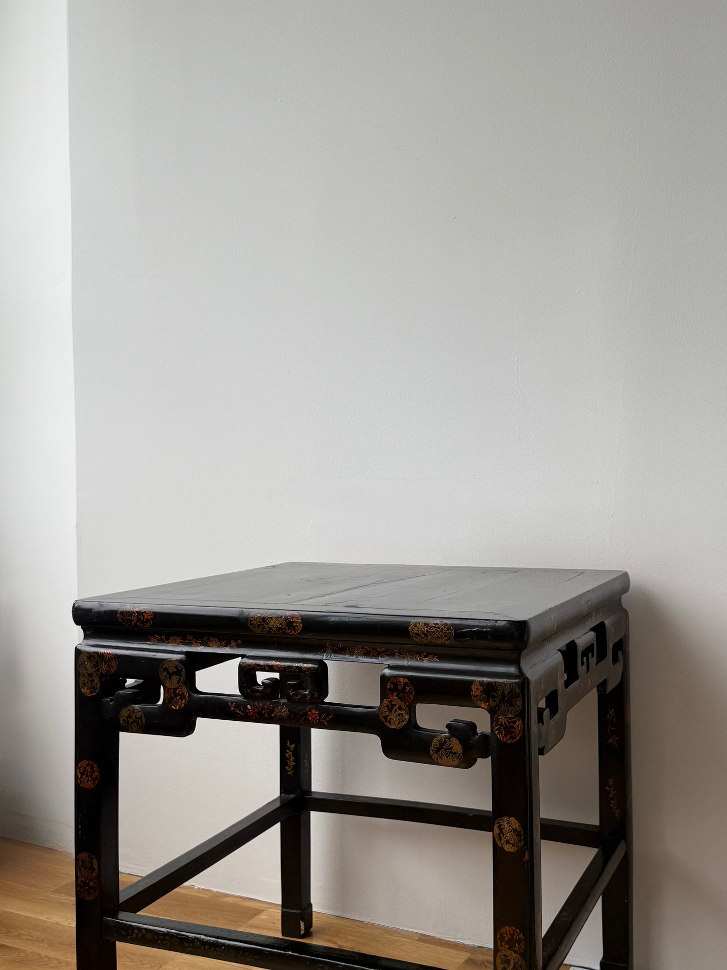pair of black lacquer & gilt side tables