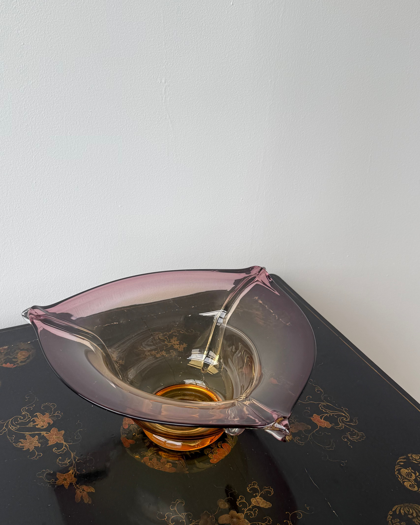 murano style handblown glass bowl - amethyst & amber, sculptural form