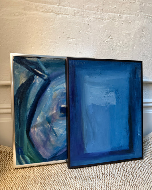 pair of modern abstract paintings in blue