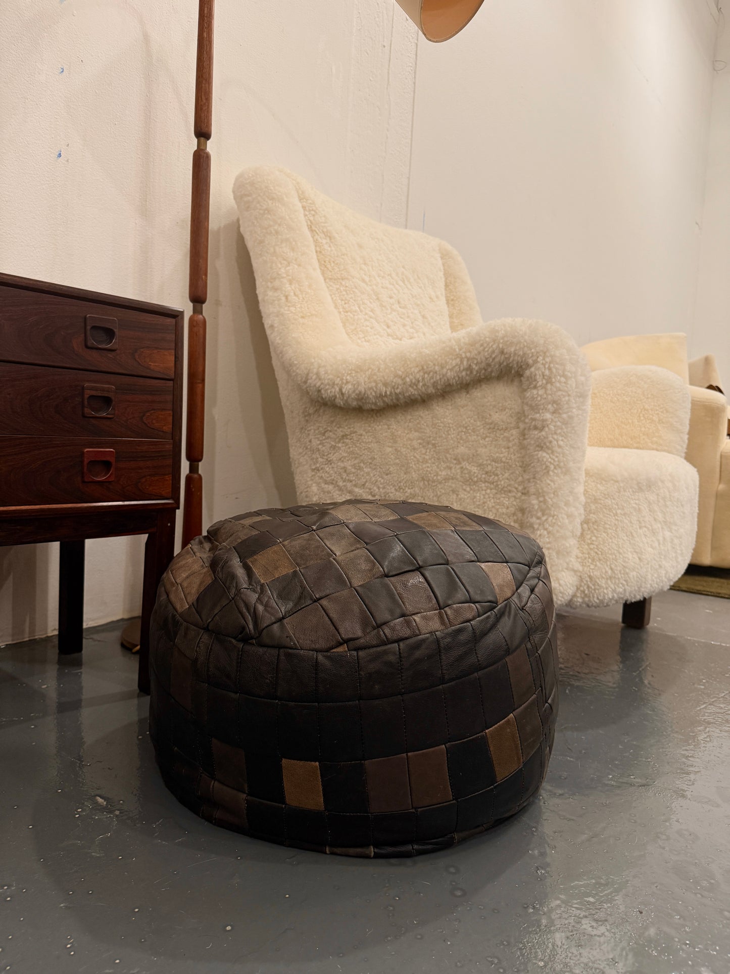 scandinavian woven leather pouf