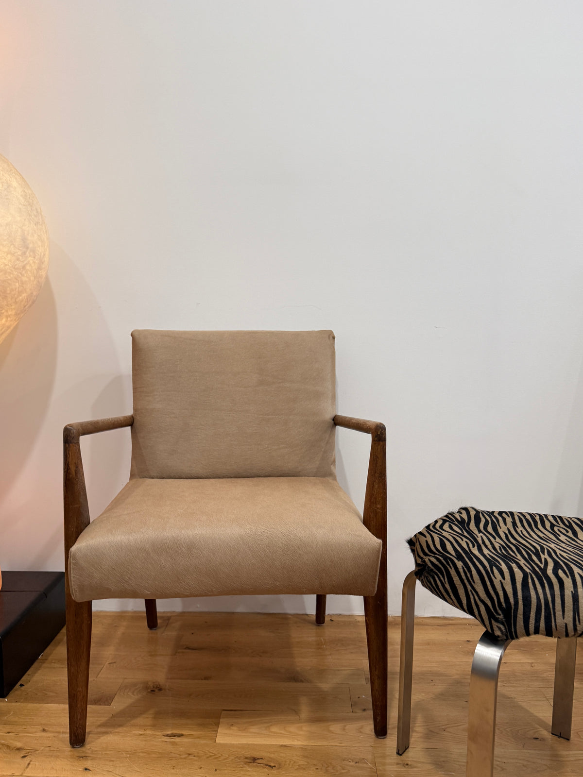 mid-century modern armchair in custom natural calf hair