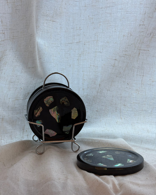 lucite & abalone coaster set with holder – set of six