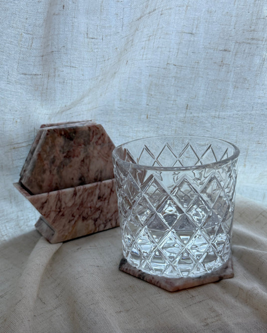 pink marble hexagon coaster set with holder