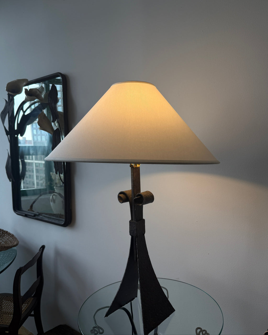 vintage forged iron table lamp with custom linen shade