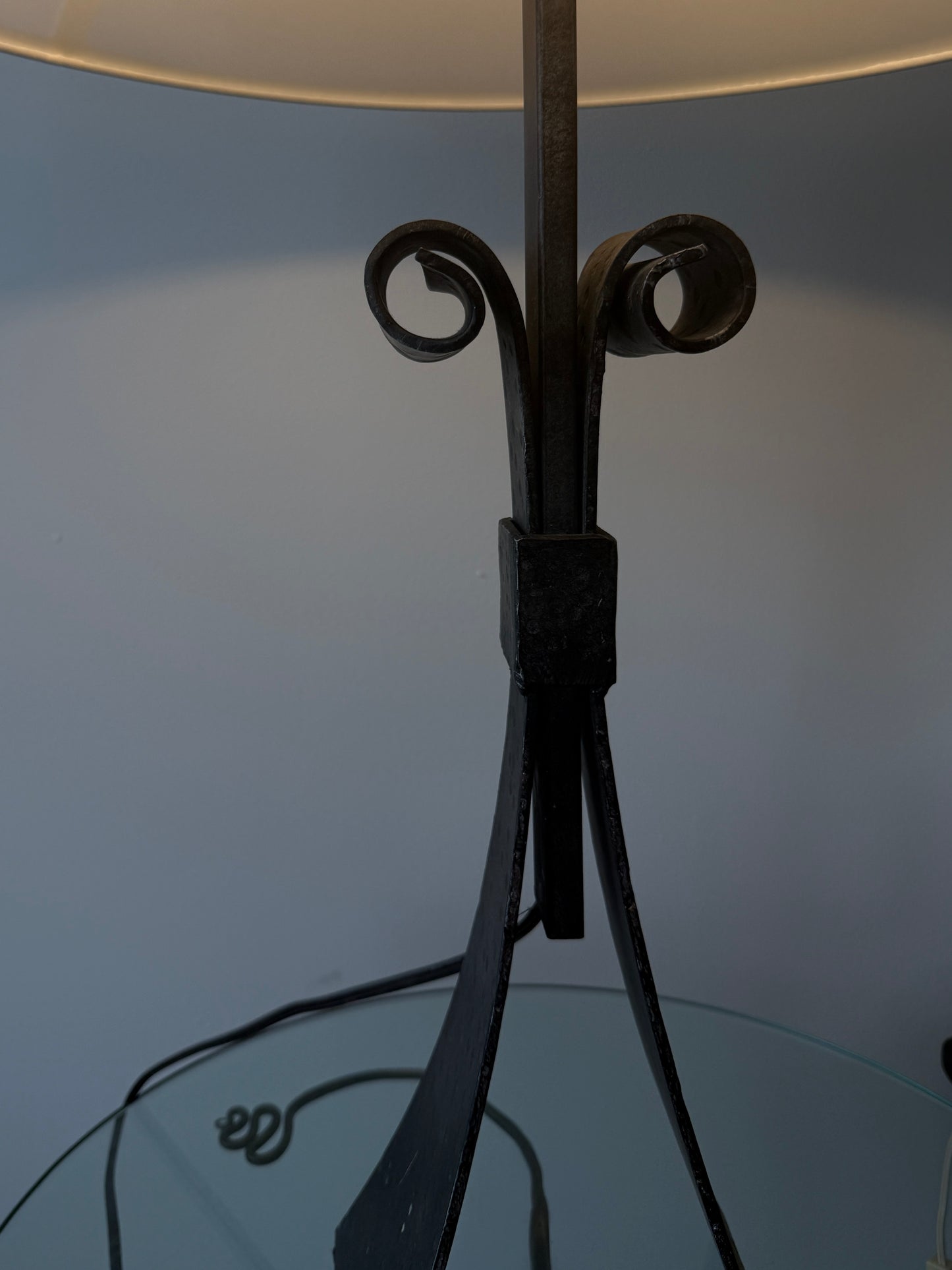 vintage forged iron table lamp with custom linen shade