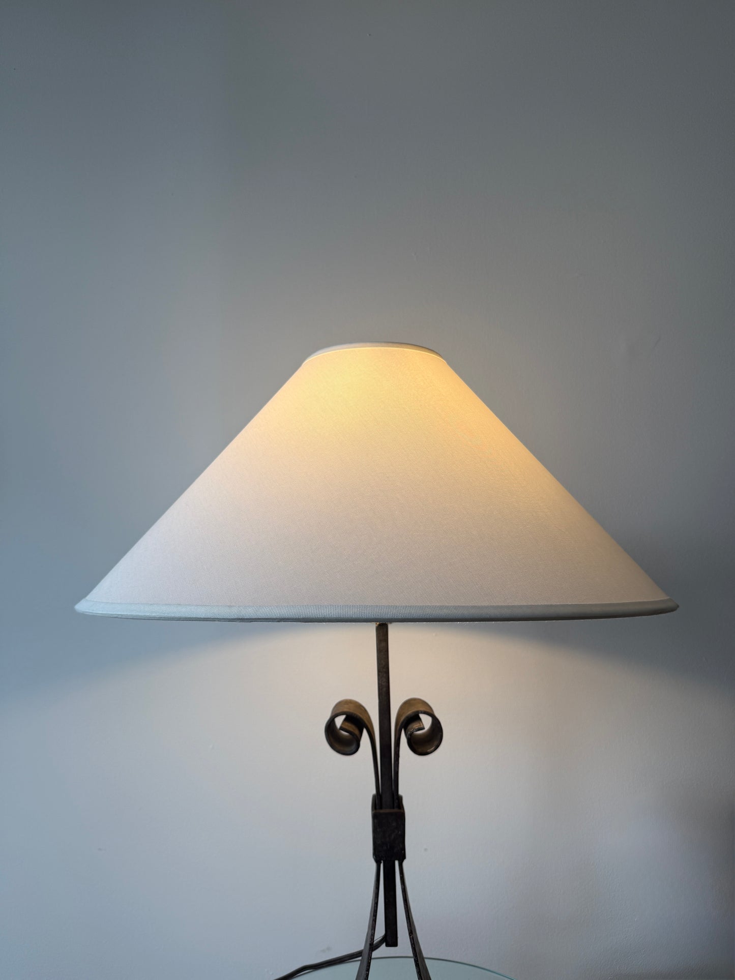 vintage forged iron table lamp with custom linen shade
