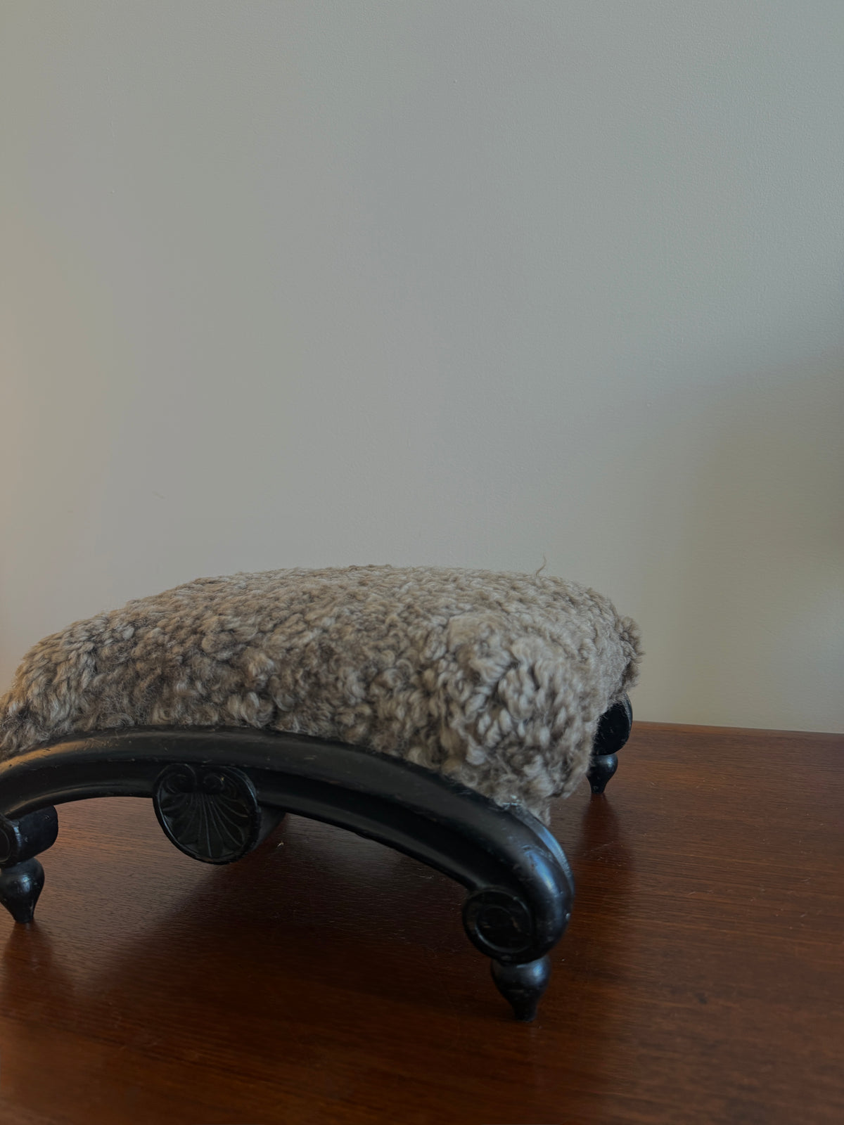 antique french footstool in custom  mink shearling