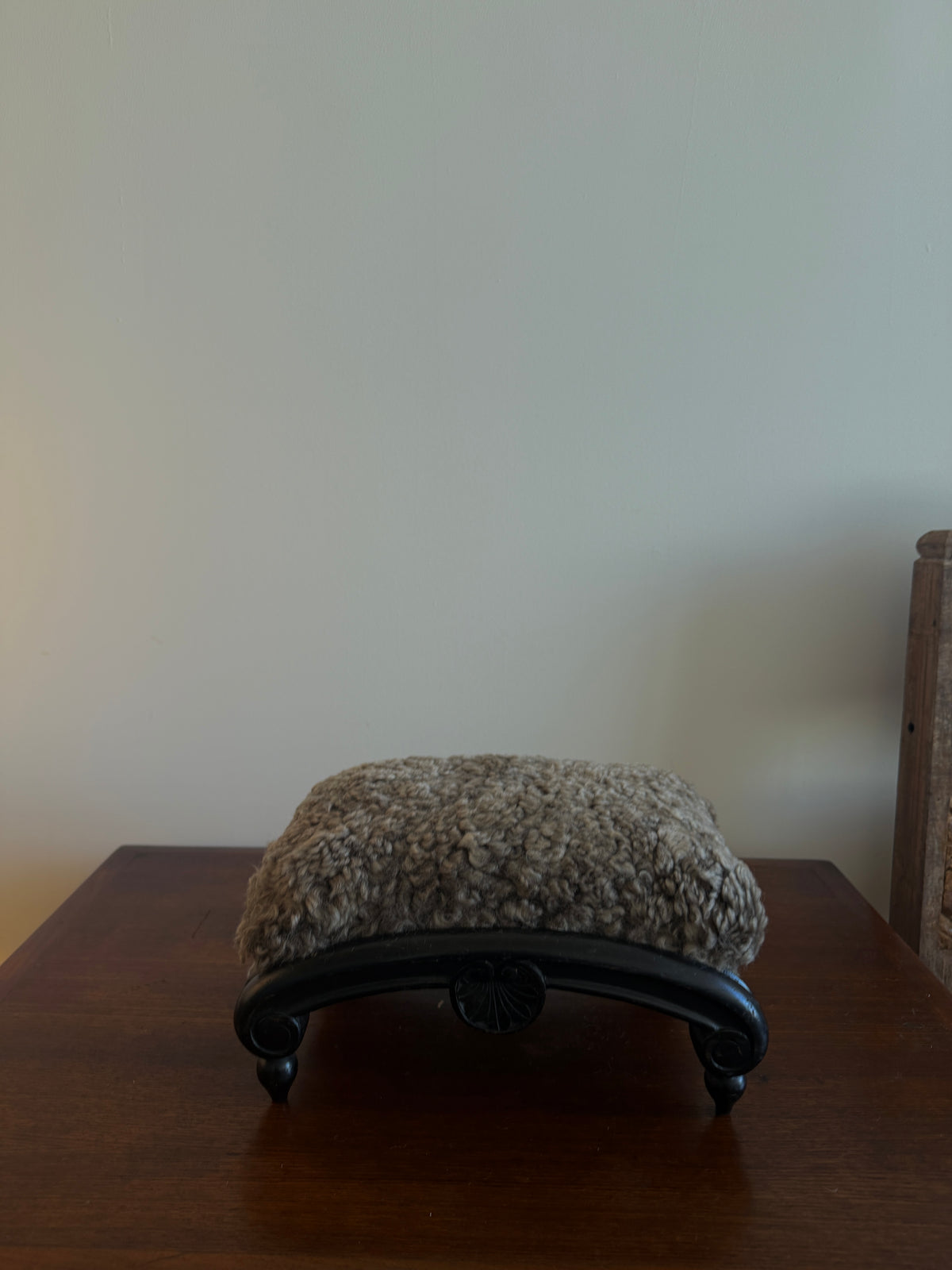 antique french footstool in custom  mink shearling