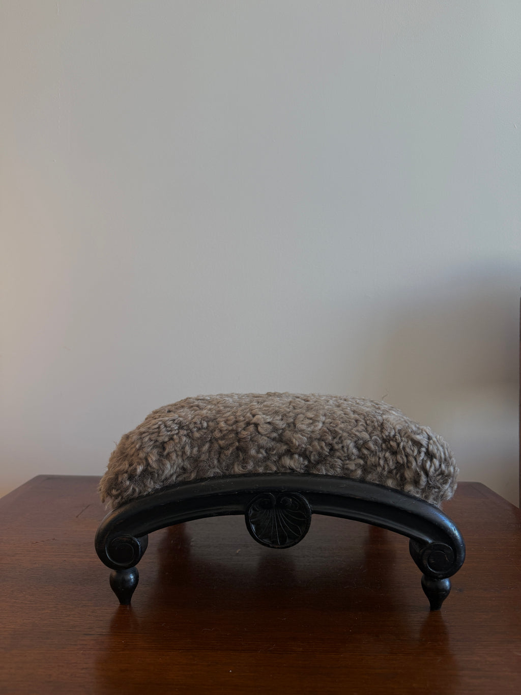 antique french footstool in custom  mink shearling