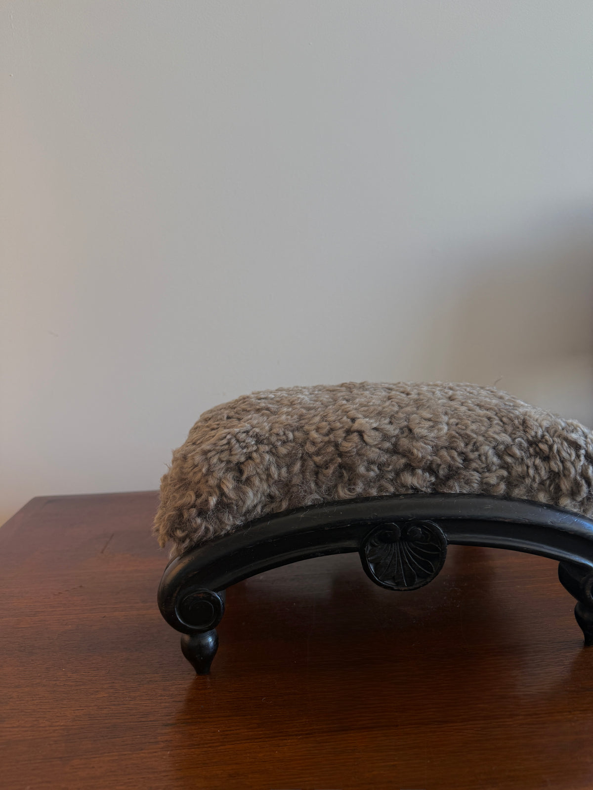 antique french footstool in custom  mink shearling