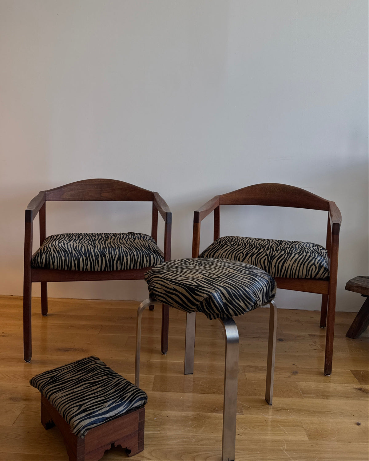 ray zimmerman for dux teak lounge chairs in custom tiger calf hair