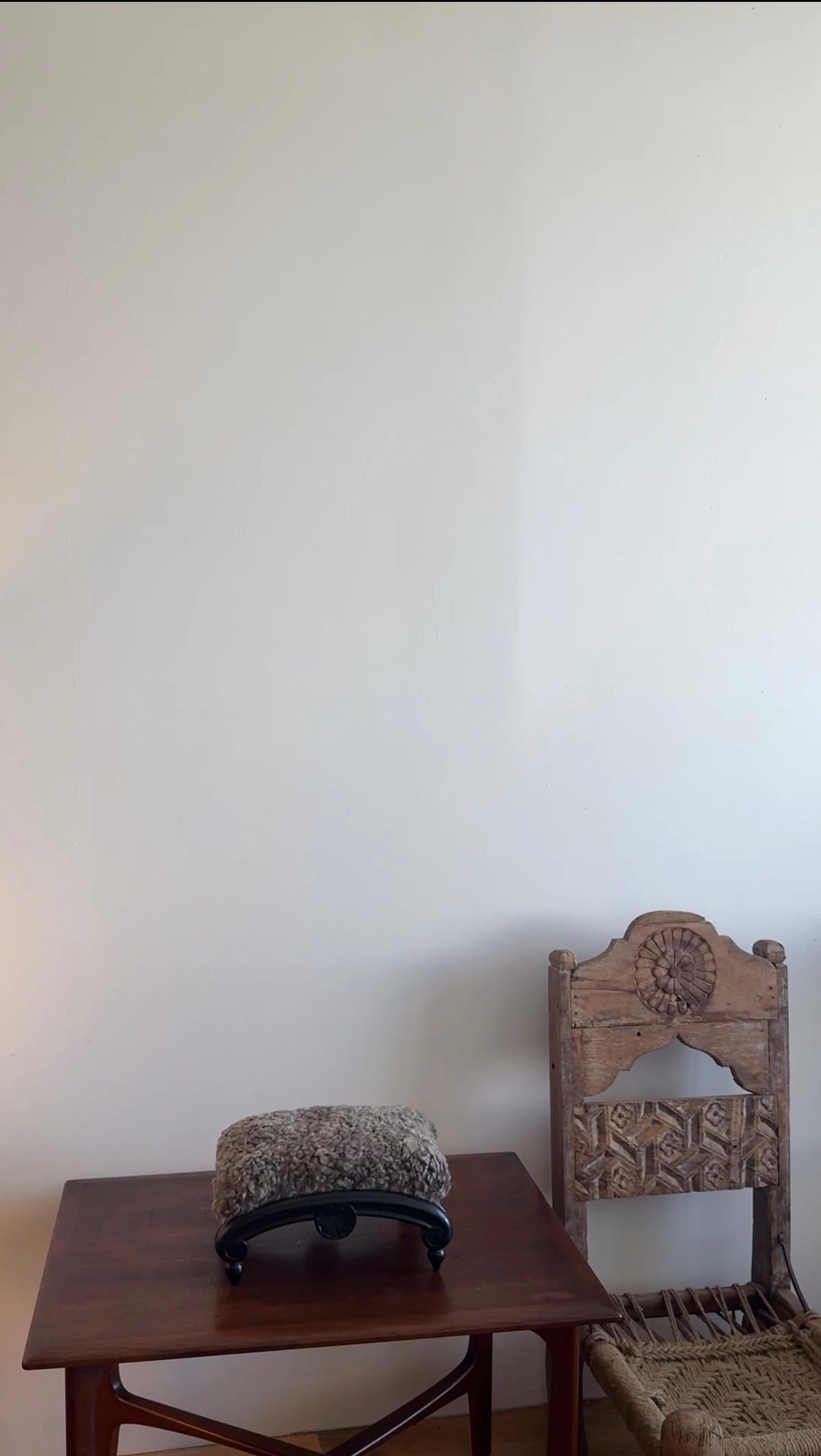 antique french footstool in custom  mink shearling