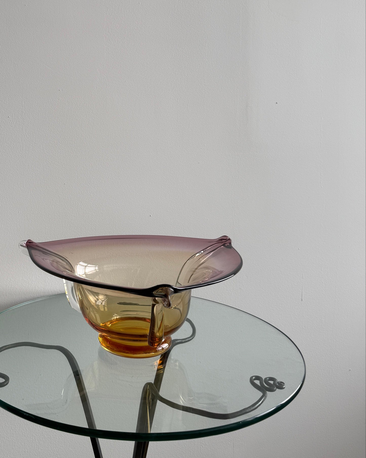 murano style handblown glass bowl - amethyst & amber, sculptural form