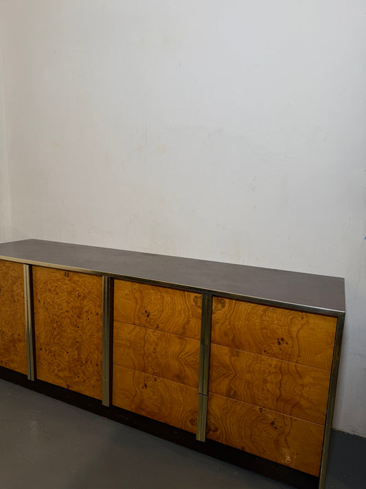 milo baughman style lacquer & burl credenza