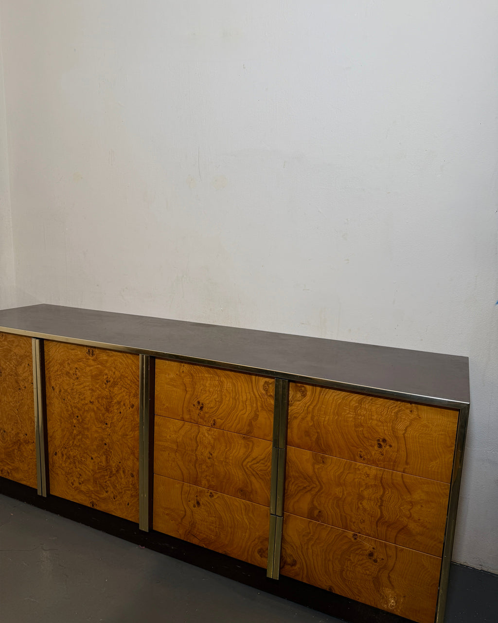 milo baughman style lacquer & burl credenza