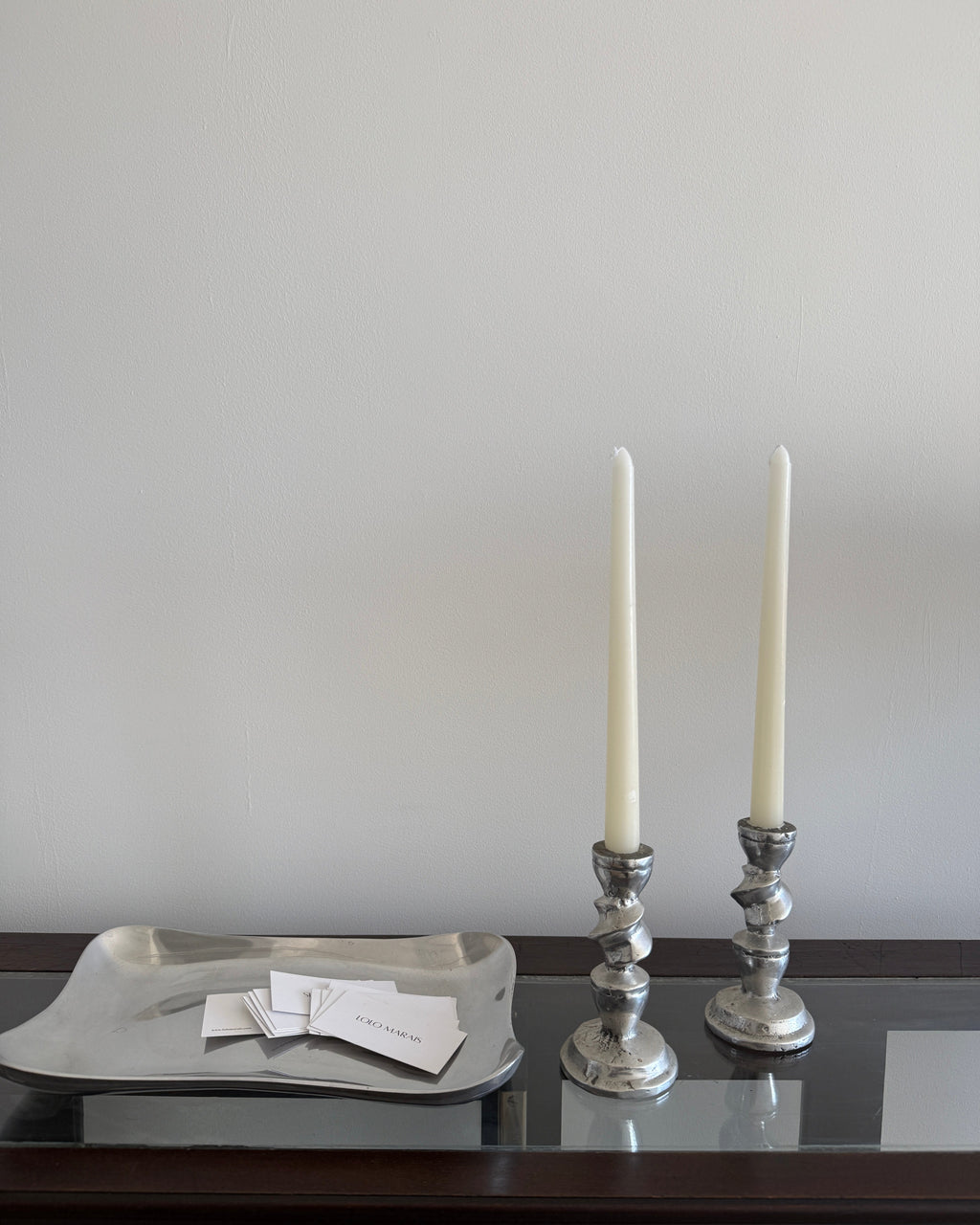 vintage sculptural metal candlesticks, pair