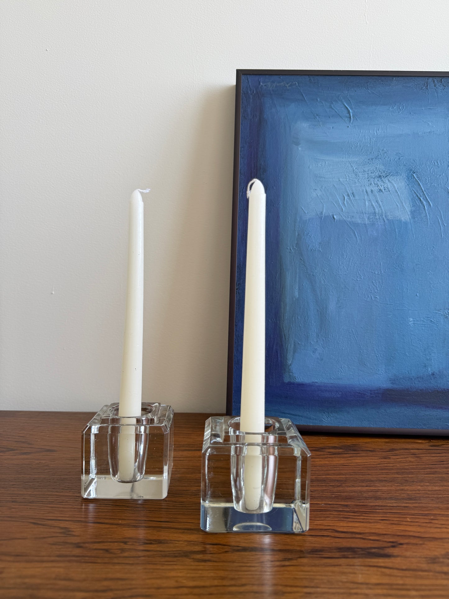 vintage glass cube candlesticks, pair