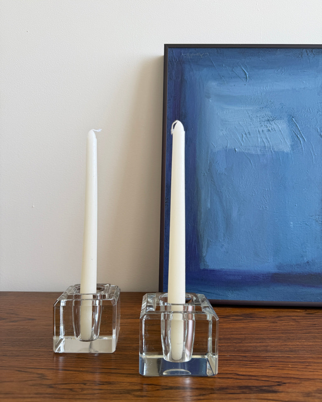vintage glass cube candlesticks, pair
