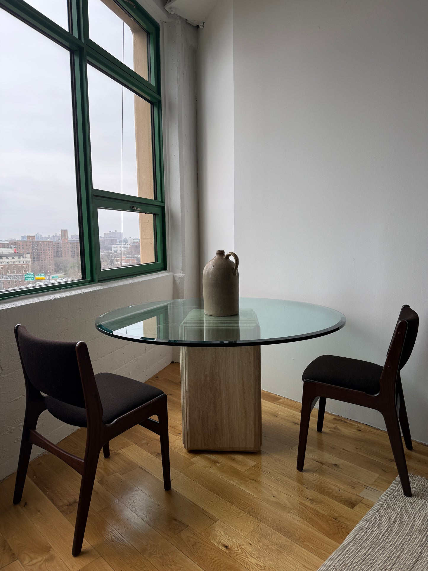 travertine pedestal dining table with glass top, 1970s