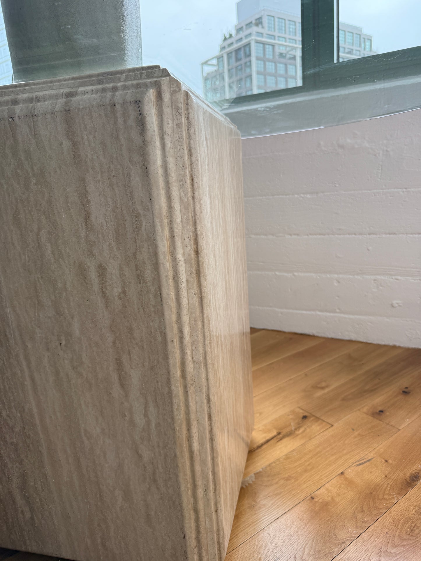 travertine pedestal dining table with glass top, 1970s