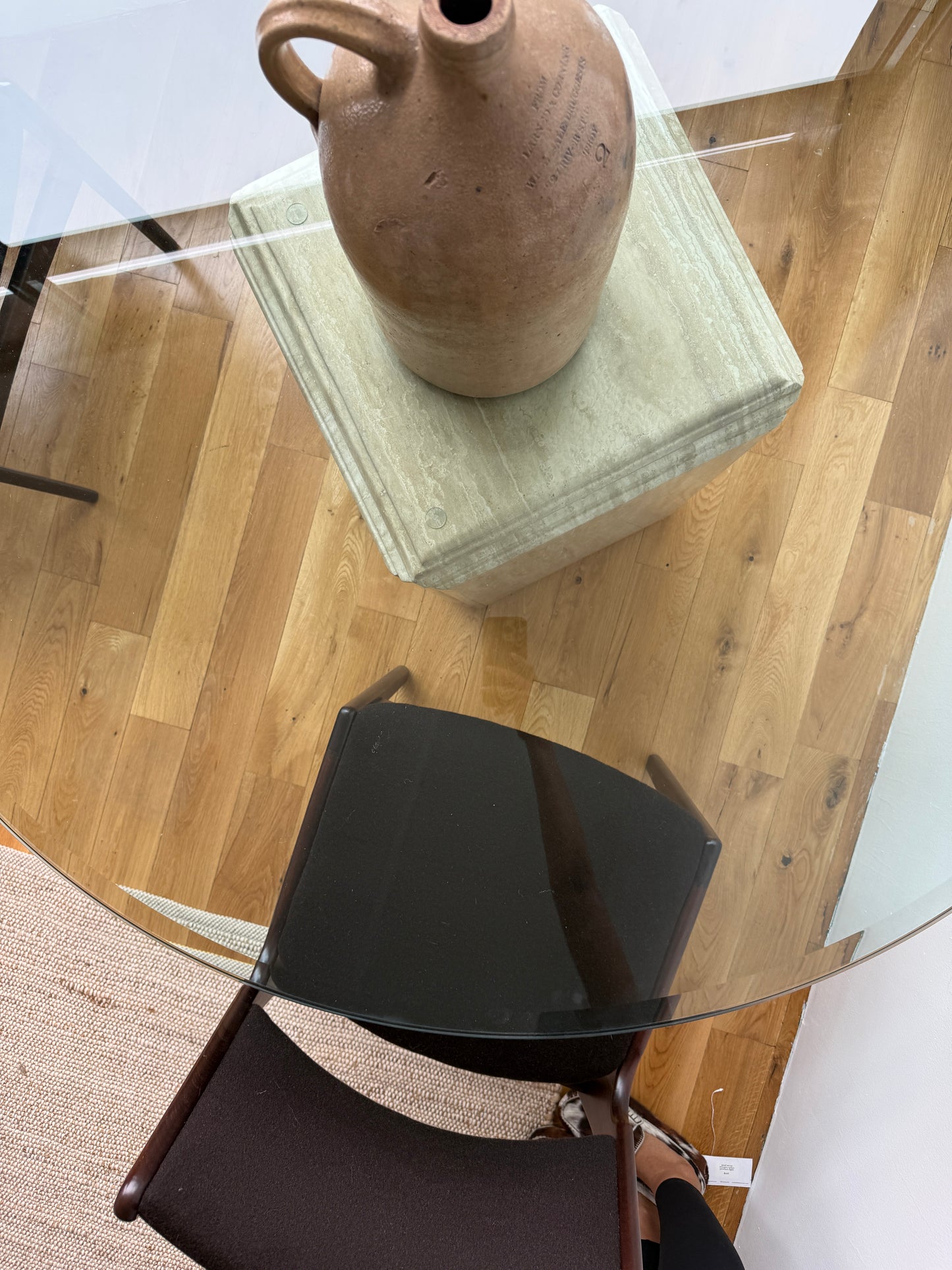 travertine pedestal dining table with glass top, 1970s