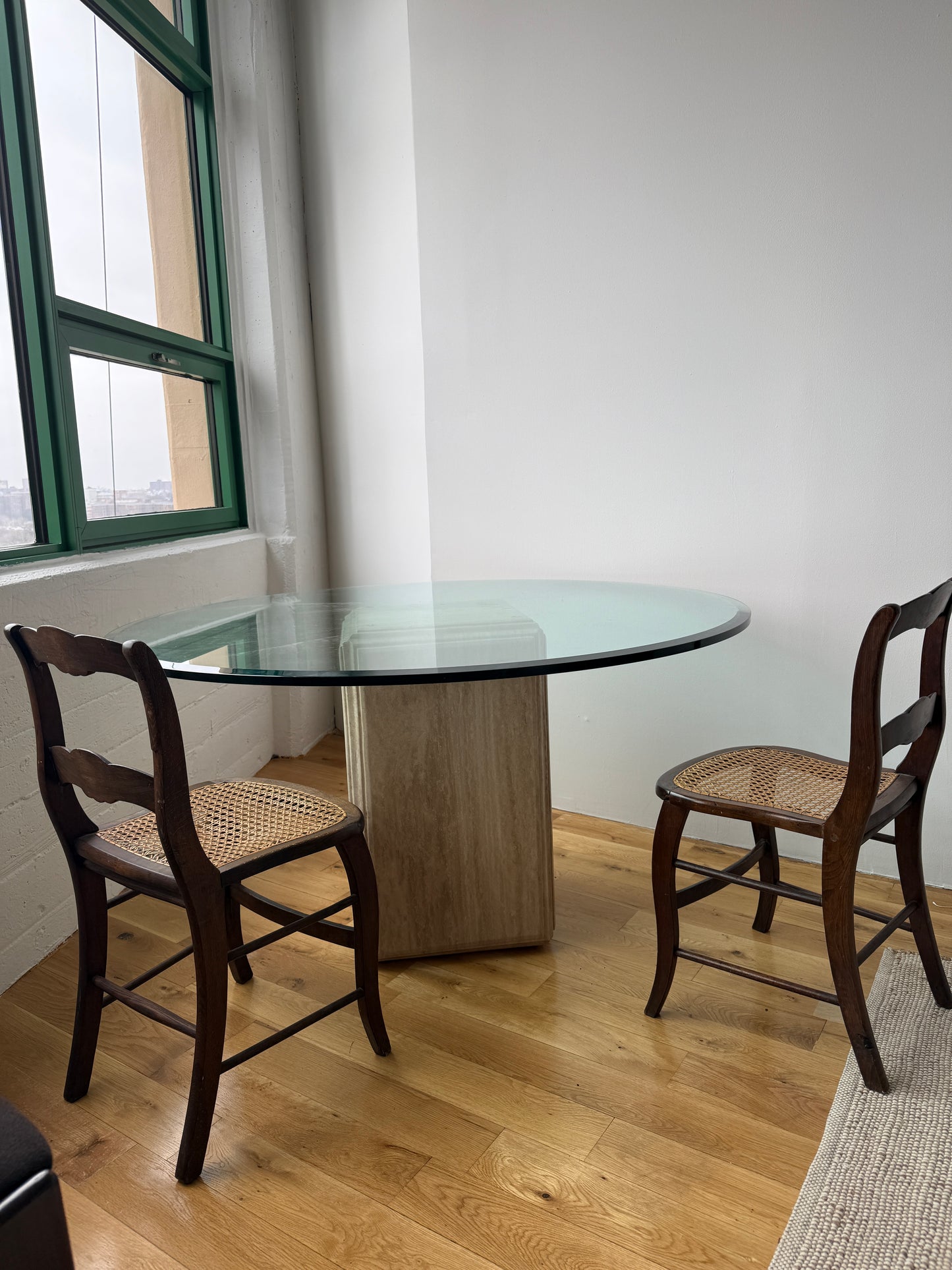 travertine pedestal dining table with glass top, 1970s