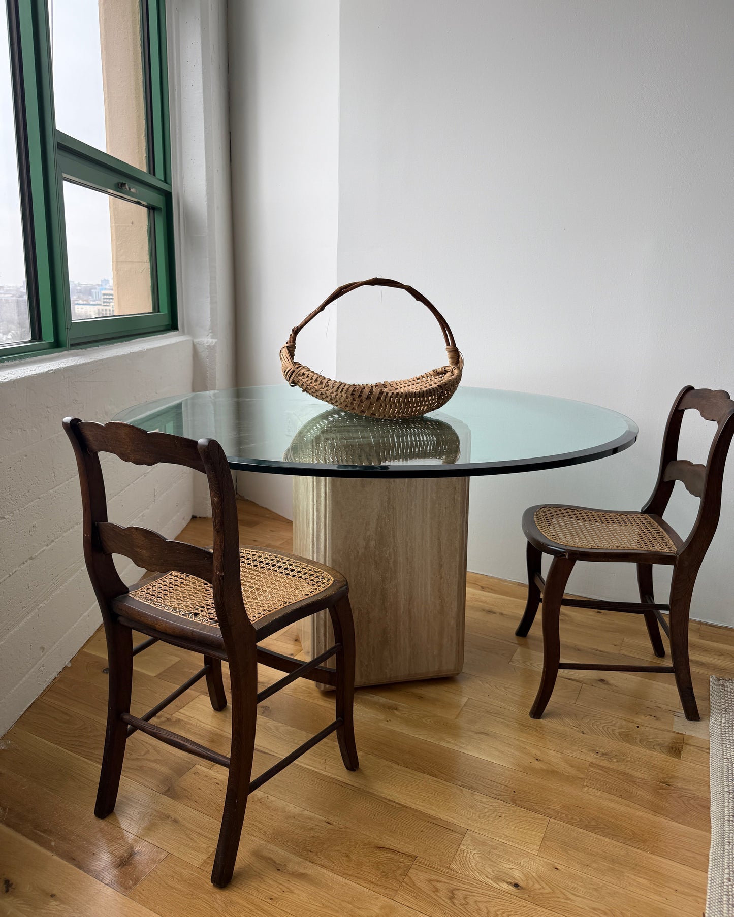 travertine pedestal dining table with glass top, 1970s