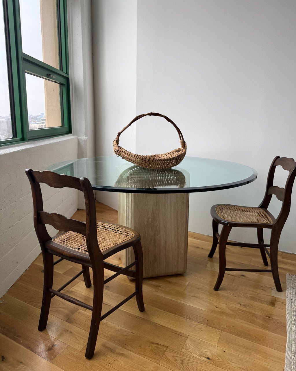 travertine pedestal dining table with glass top, 1970s
