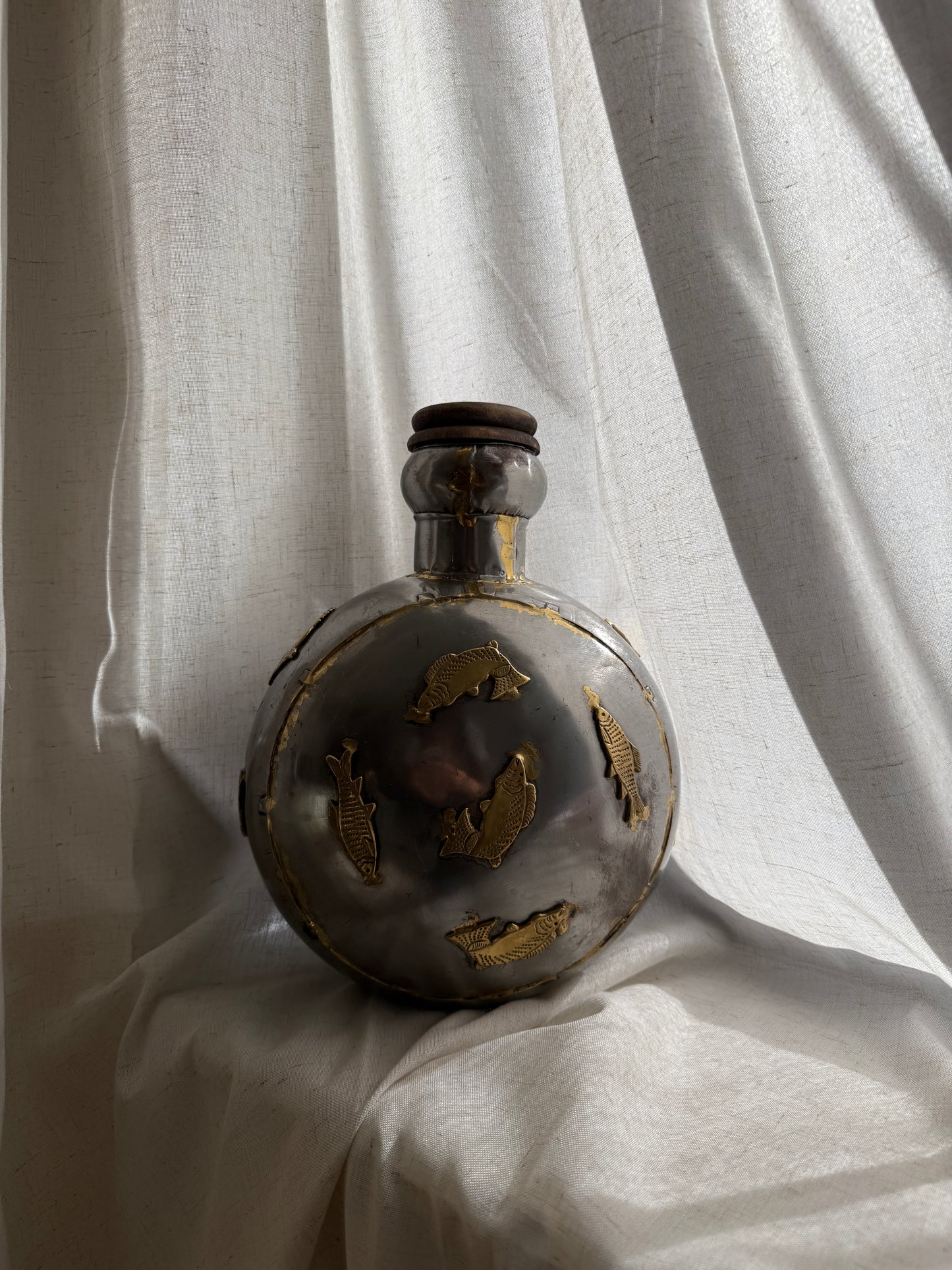 1970s indian brass & pewter fish flask